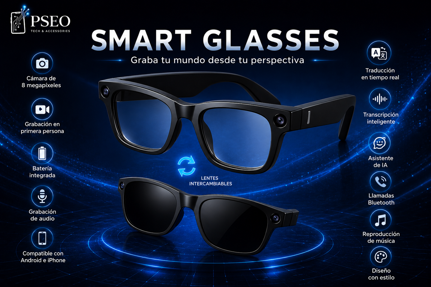 Gafas Inteligentes Smart Glasses – Cámara 8MP - Inteligencia Artificial